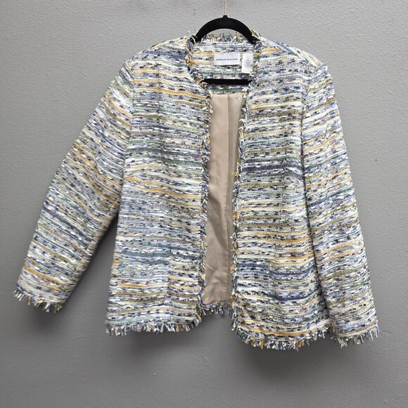 Alfred Dunner Jacket Womens 12 Multicolor Tweed Boucle Fringe Open Front Lined - Picture 1 of 11